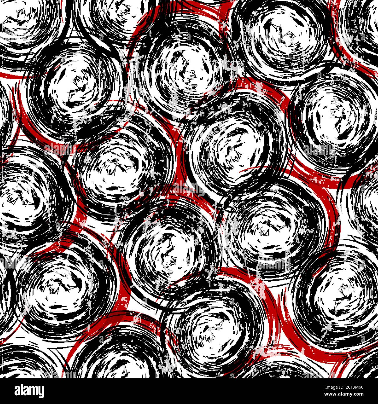 motivo di sfondo senza cuciture, con cerchi, tratti e schizzi, in bianco e nero Illustrazione Vettoriale