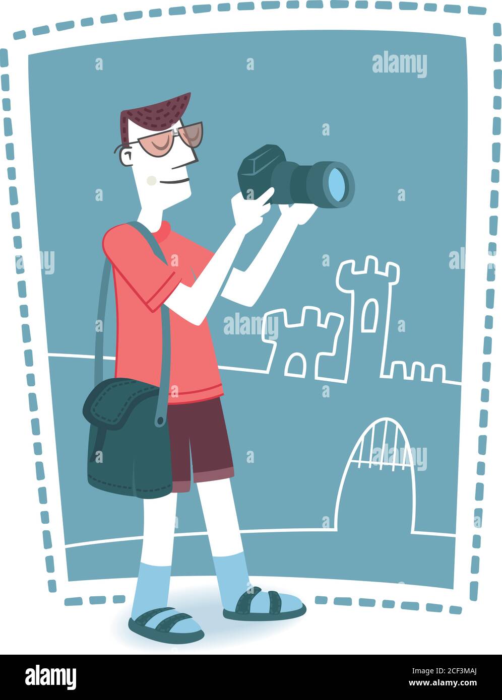 L'illustrazione in stile retrò di un turista con la fotocamera fa foto ricordo. Illustrazione Vettoriale