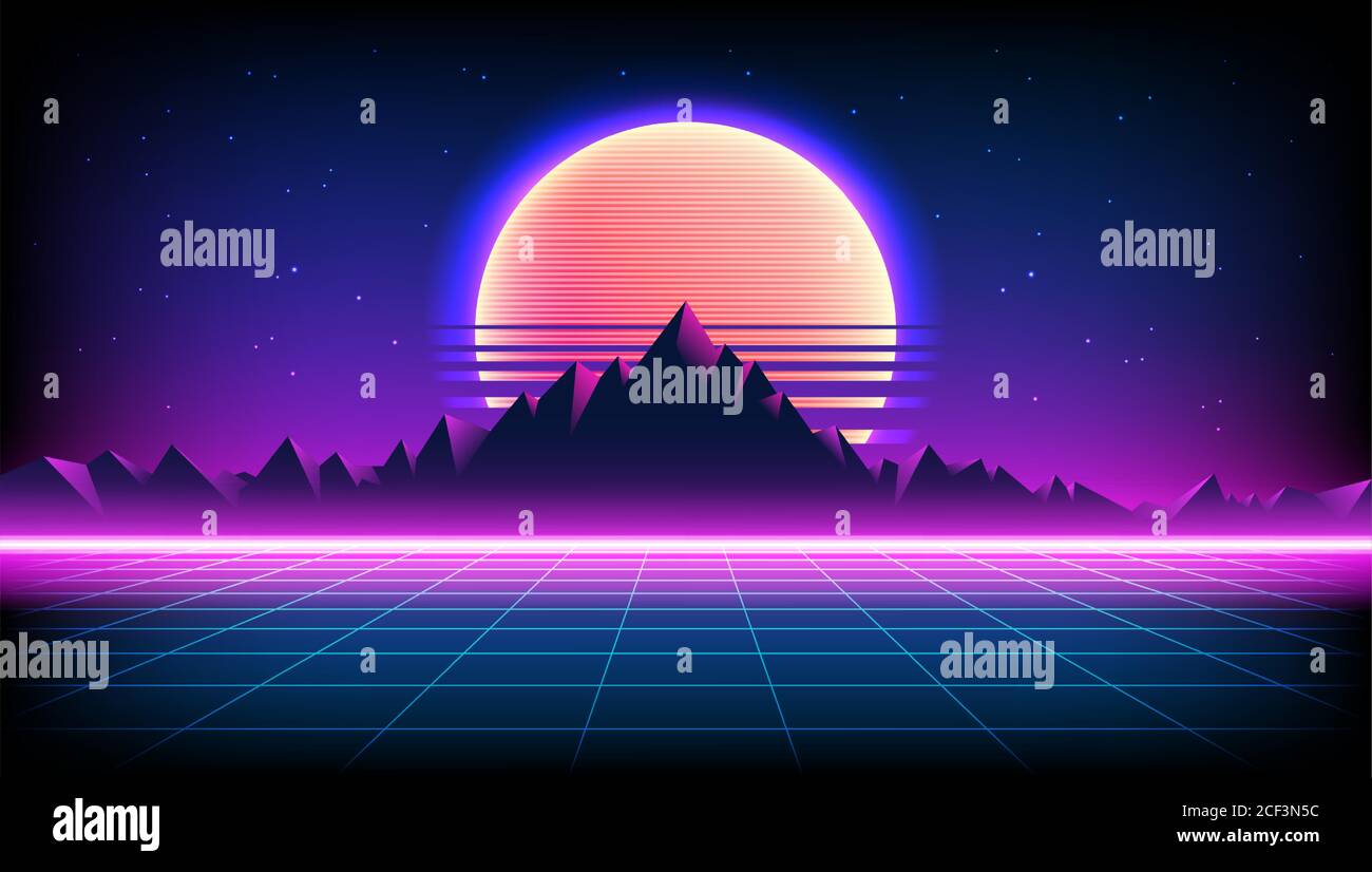 80s retro Sci-Fi sfondo con Alba o Sunset cielo notturno con stelle, montagne paesaggio infinite mesh orizzonte in stile neon gioco. Futuristico Illustrazione Vettoriale