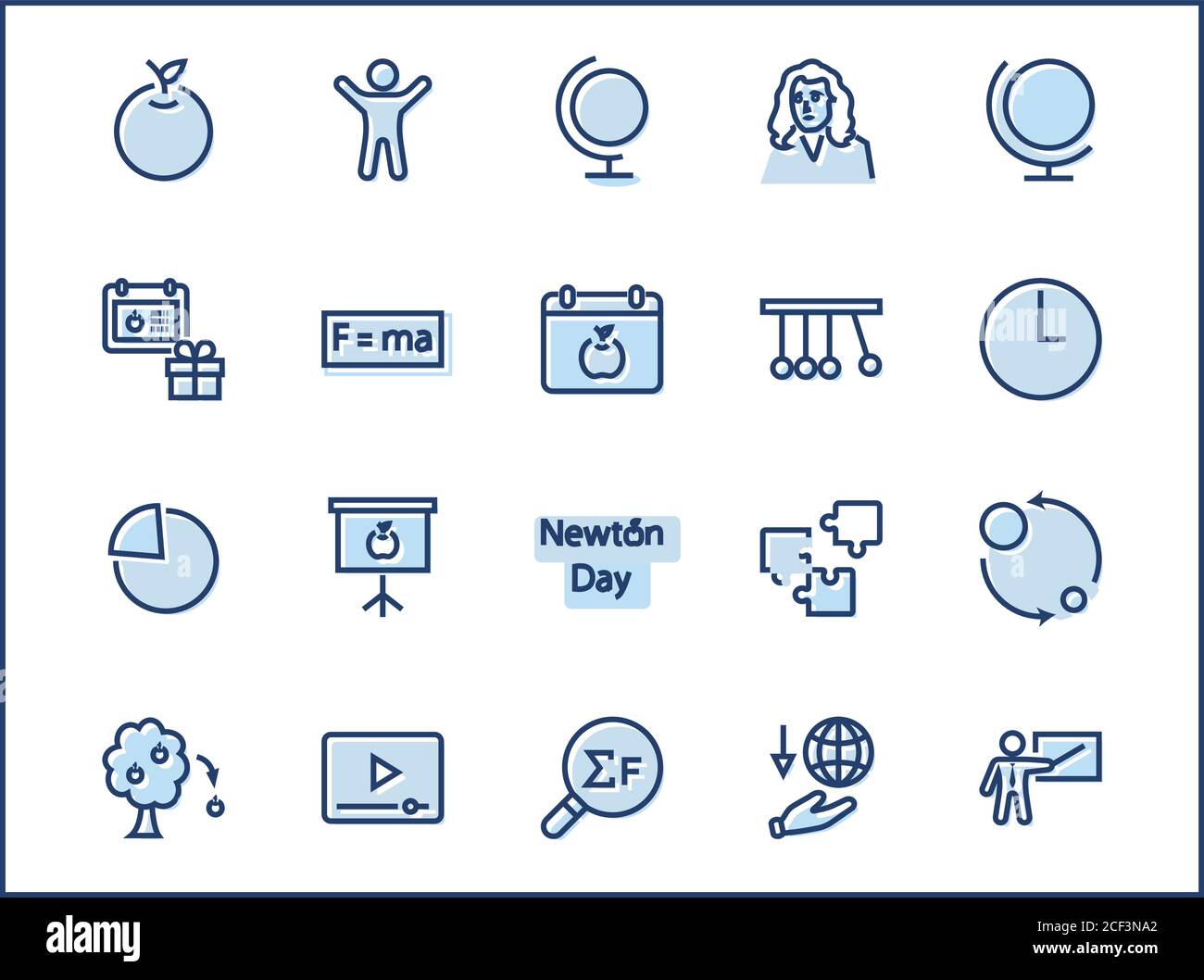 Icona Set Line Vector Del Giorno Di Newton. Contiene icone come Newton, Leggi di fisica e gravità, Flying Apple, Calendario, insegnante, lavagna e progetto Illustrazione Vettoriale