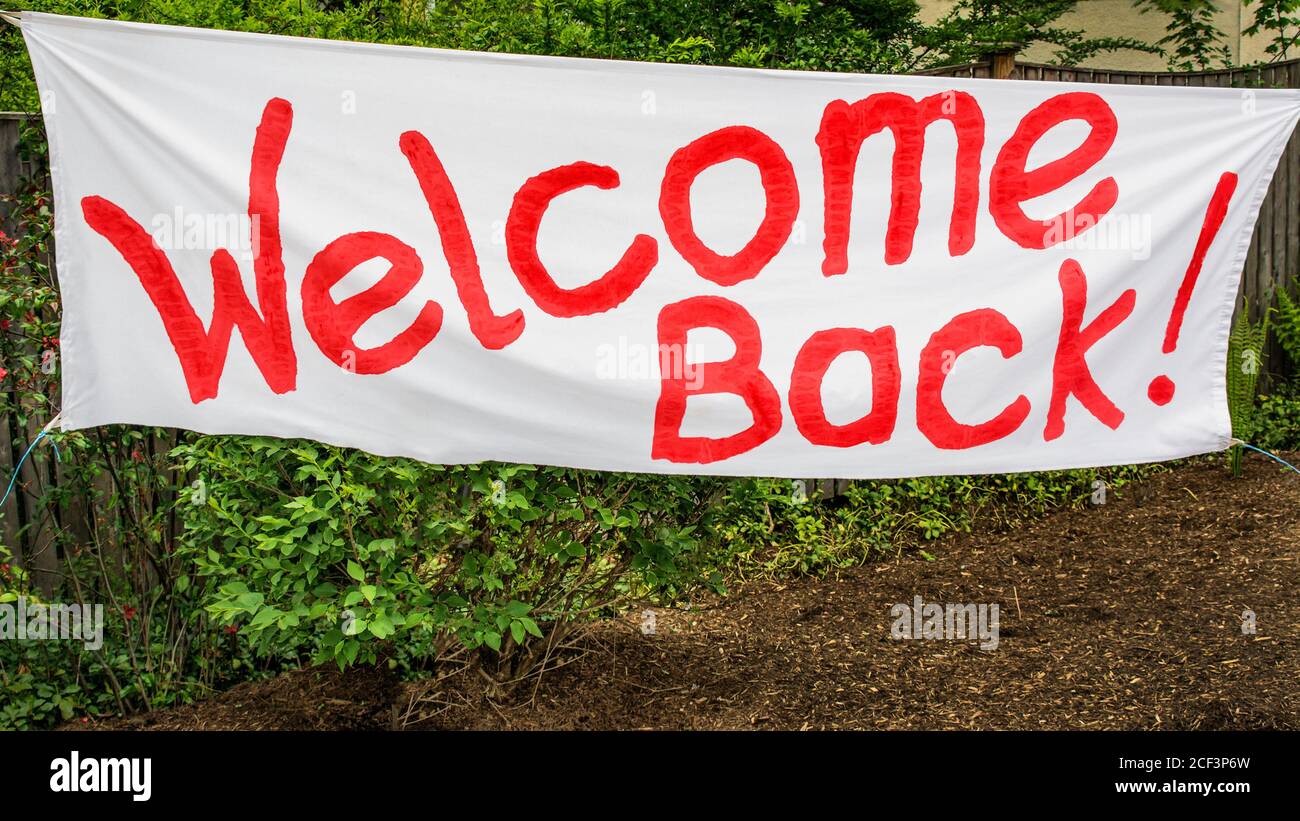 Banner Welcome Back in rosso con lettere a mano. Foto Stock