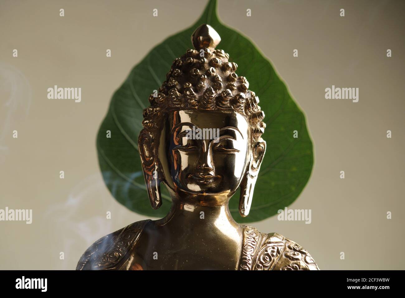 Statua del Buddha di Gautama sullo sfondo della foglia di pipa Foto Stock