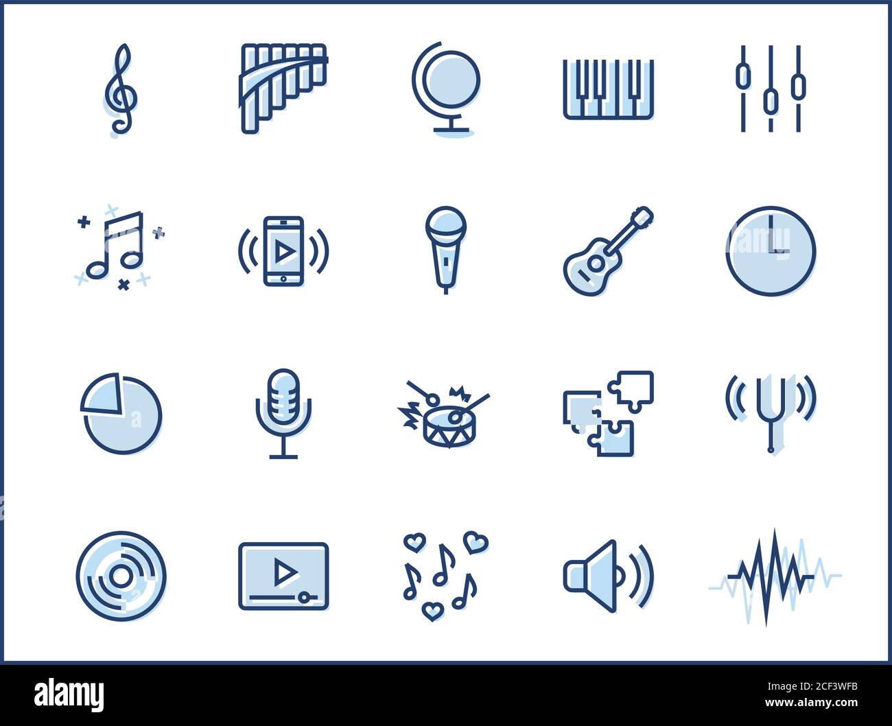 Set di icone della linea vettoriale relative alla musica. Contiene icone come Pan Flauto, piano, chitarra, Trebble Clef, intrauricolare e molto altro. Tratto modificabile. 32 x 32 pixel PE Illustrazione Vettoriale