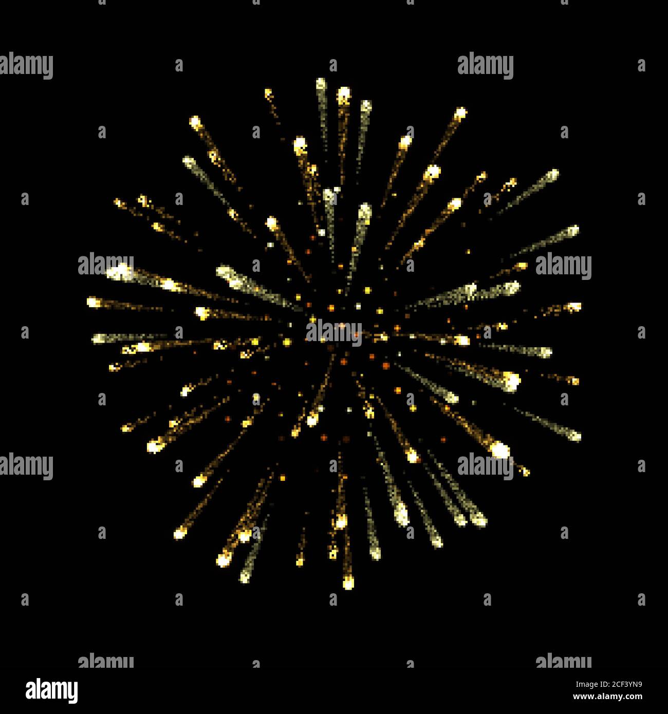 Fuochi d'artificio oro. Bellissimi fuochi d'artificio dorati su sfondo nero. Decorazione brillante carta di Natale, felice festa di Capodanno, anniversario, festival. Illustrazione Vettoriale