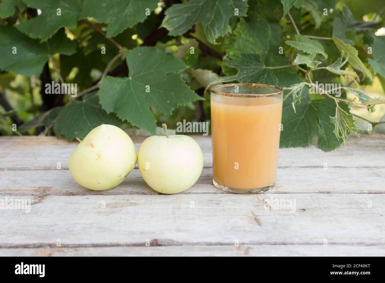 Mele e succo di mela su uno sfondo di foglie verdi. Concetto estivo di raccolta delle mele Foto Stock