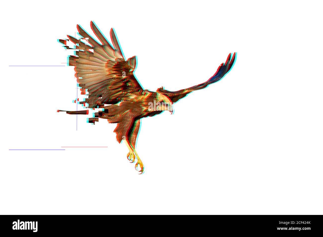 Uccello di preda. Natura creativa astratta. Schermo glitch. Sfondo bianco. Foto Stock