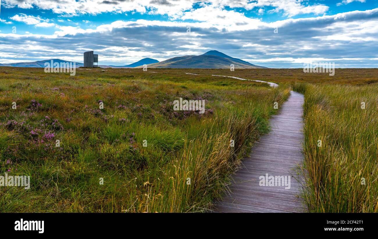 Vista del paesaggio del Flow Country presso la riserva naturale dei flussi di Forsinard RSPB a Sutherland, Highland, Scozia, Regno Unito Foto Stock