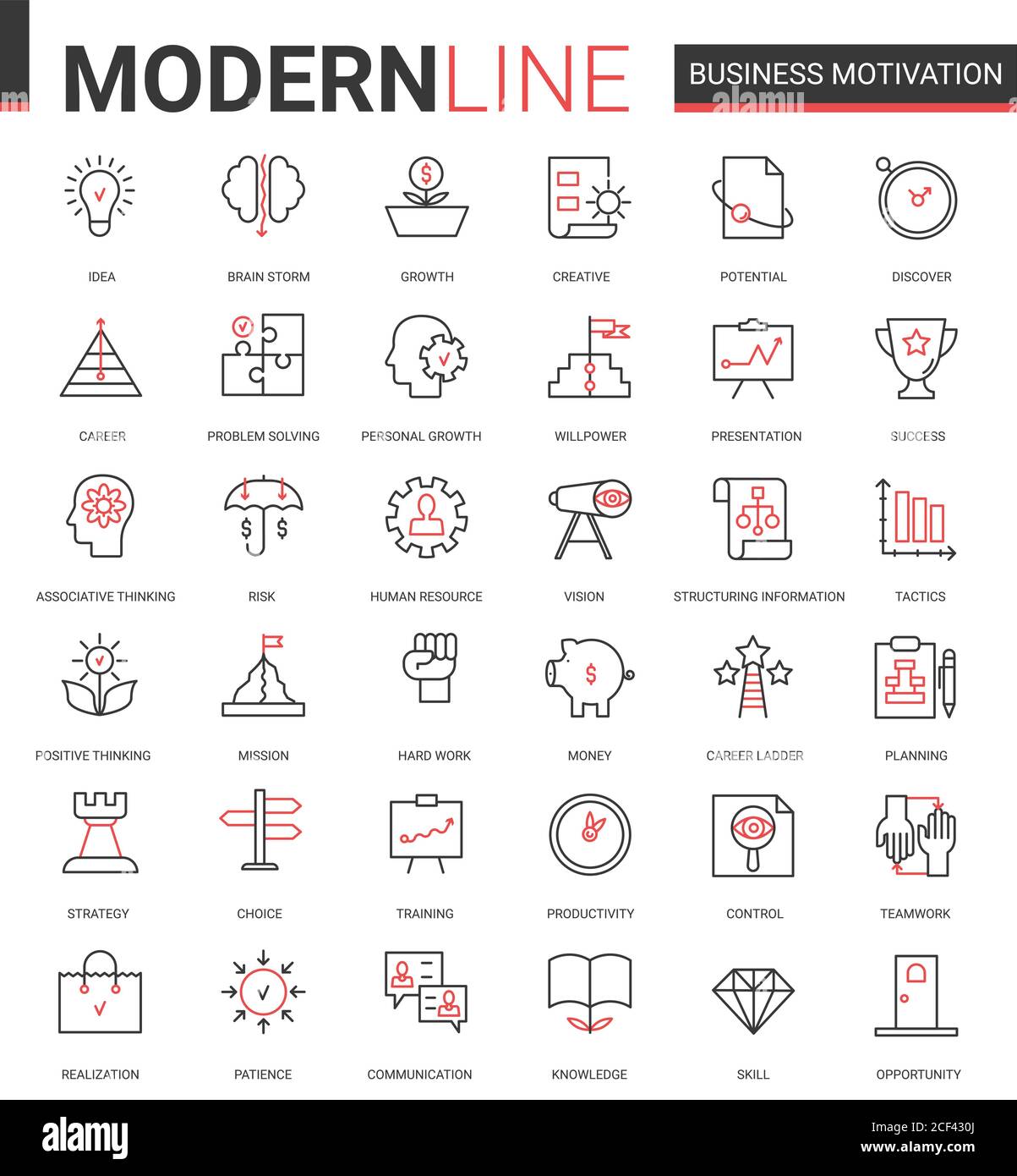 Motivazione aziendale sottile linea rossa nera icona illustrazione insieme vettoriale con simboli motivazionali contorno per la produttività dei processi finanziari, lavoro di squadra pianificazione aziendale, formazione di comunicazione Illustrazione Vettoriale
