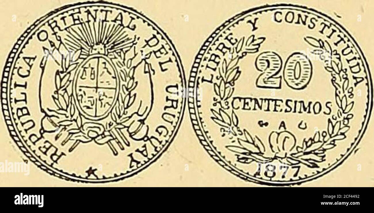 . Monastero americano (ilustrado) classificado. N» 1465-Como el número anterior, pero de 50 Centesimos.Plata: Peso 12 grammi. 3 decíg.. N 1466 - Como el número 1464, pero de 20 Centesimos.Plata: Peso 4 grammi. 9 decíg. Foto Stock