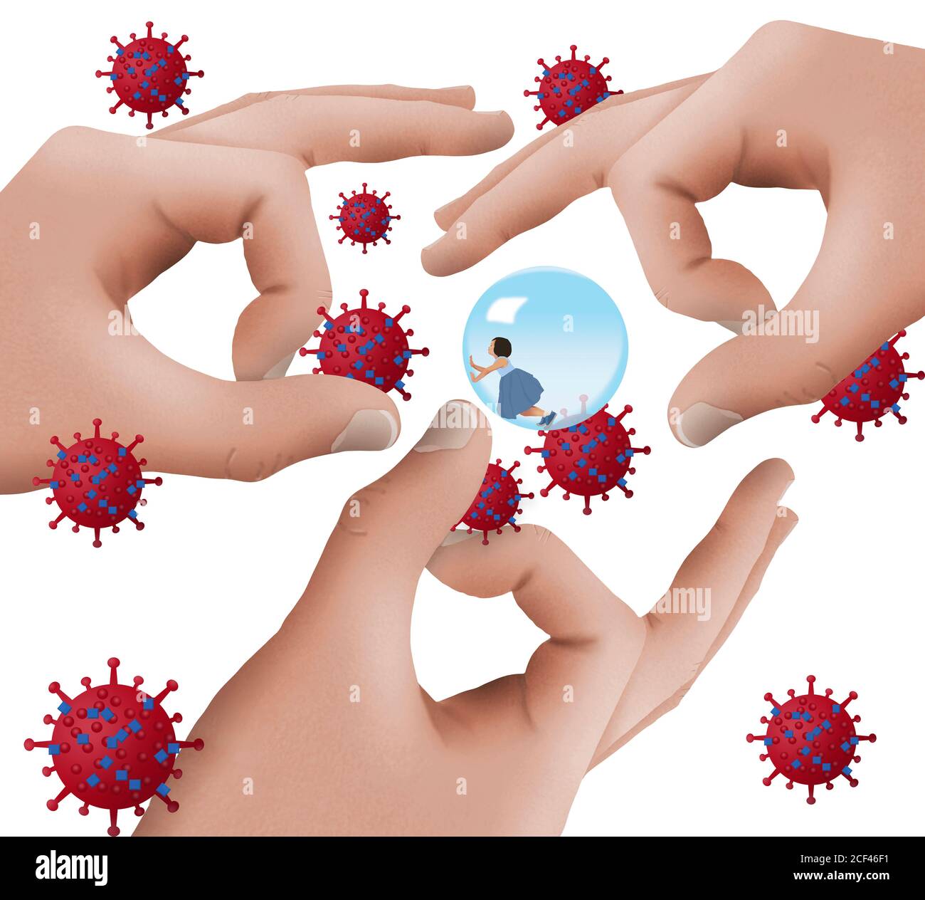 Una giovane ragazza è protetta in una bolla come le mani e le dita sono intorno a lei con particelle di coronavirus minacciando di rompere la sua bolla. Foto Stock