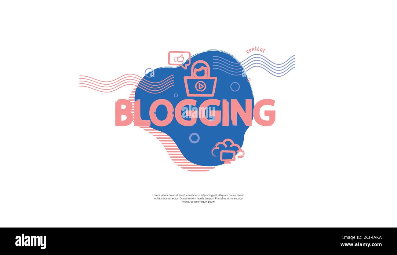 Contenuto del blog, banner di concetto per i blogger. Blogging, concetto di post per pagina web, video blogging, sito web e sviluppo di applicazioni mobili Illustrazione Vettoriale