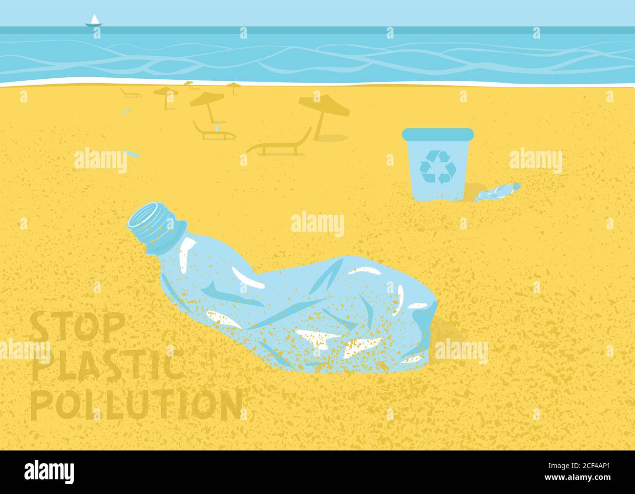 Poster di arresto dell'inquinamento da plastica e agitazione. Poster di concetto ecologico. Bottiglie di plastica sbriciolati sparse la spiaggia. Cartello riciclare rifiuti. La gente non lo fa Illustrazione Vettoriale