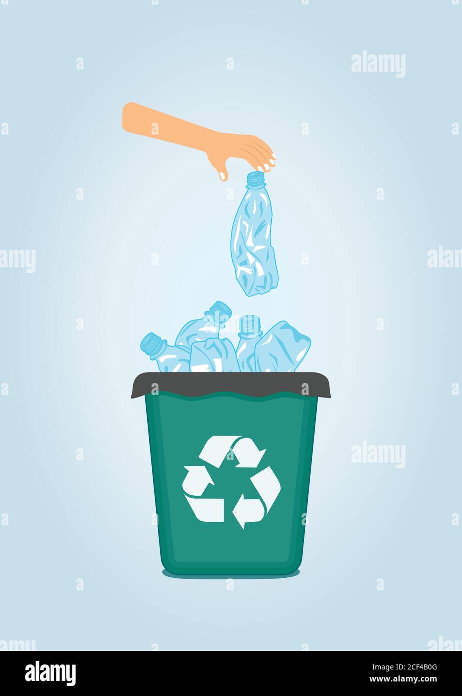 Stop inquinamento plastica, agitazione poster.Ecological Concept poster con simpatico carattere cartoon da bottiglia di plastica sminuzzata. Cartello riciclare rifiuti. PL Illustrazione Vettoriale