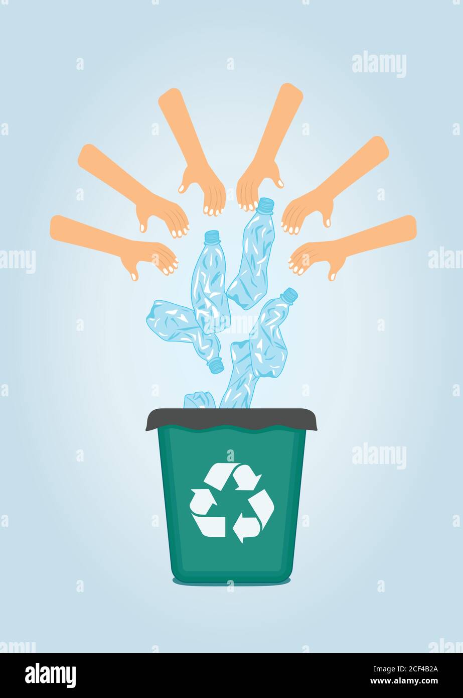 Stop inquinamento plastica, agitazione poster.Ecological Concept poster con simpatico carattere cartoon da bottiglia di plastica sminuzzata. Cartello riciclare rifiuti. PL Illustrazione Vettoriale