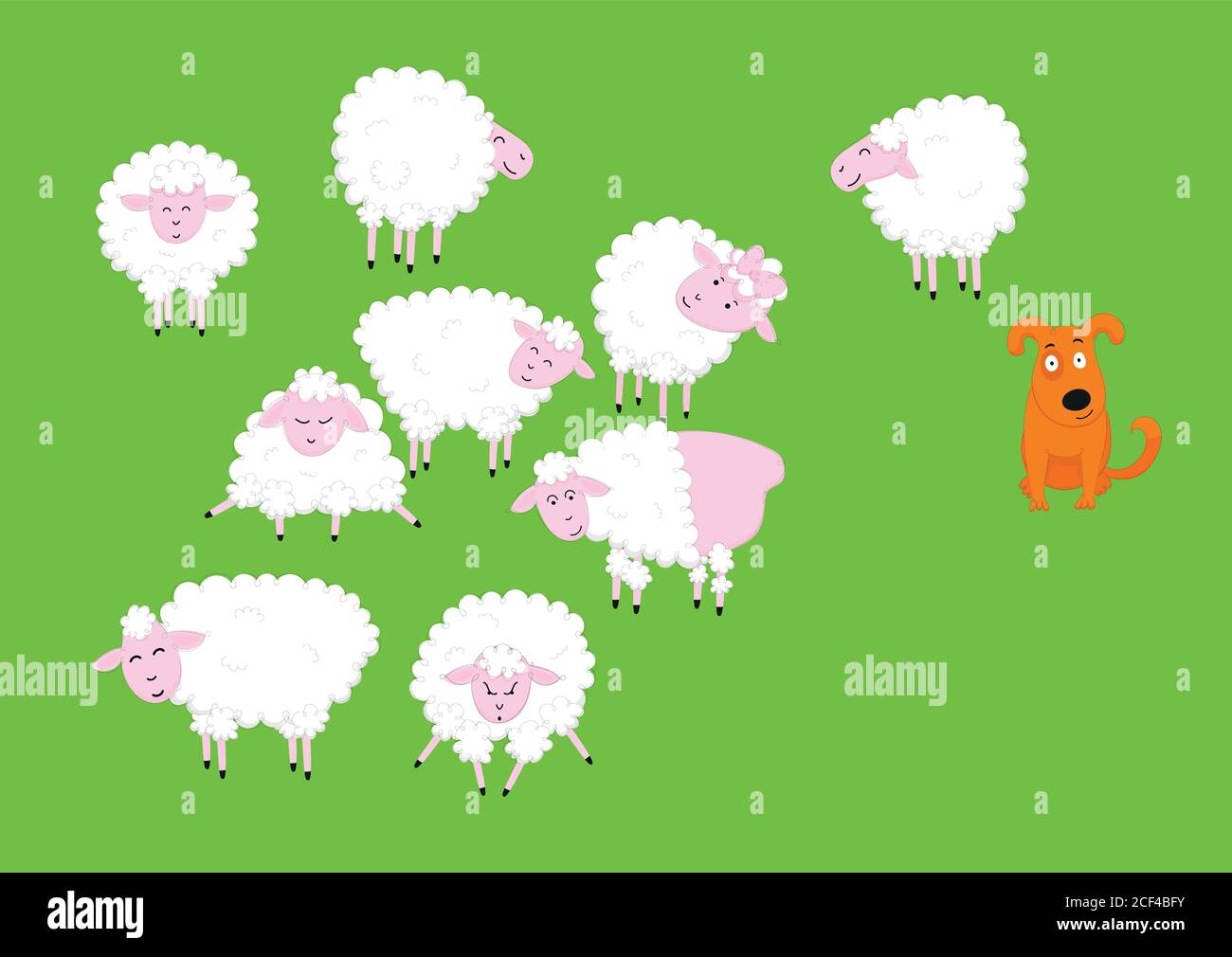 Set divertente carino di personaggi cartoni animati pecora. Illustrazioni vettoriali isolate su sfondo verde. Illustrazione Vettoriale