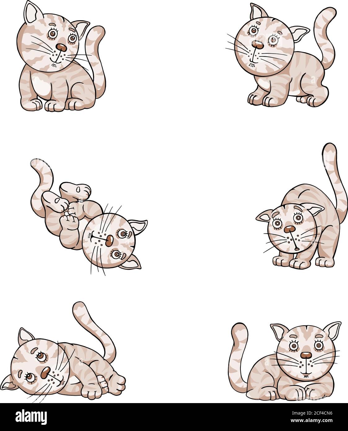 Gatti, gattino divertente, immagini divertenti di un gattino in varie pose, striped, divertente, assurdo, illustrazione, disegno, immagine, vettore, allegro, allegro, animale domestico Illustrazione Vettoriale