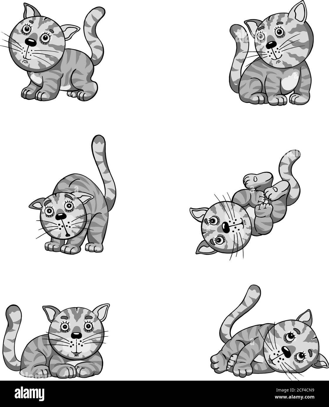 Gatti, gattino divertente, immagini divertenti di un gattino in varie pose, striped, divertente, assurdo, illustrazione, disegno, immagine, vettore, allegro, allegro, animale domestico Illustrazione Vettoriale