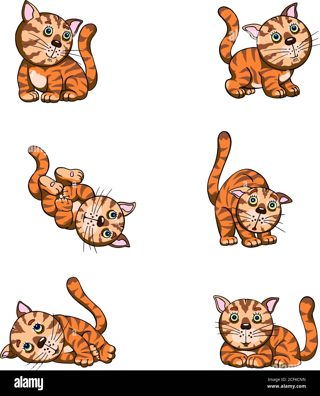 Gatti, gattino divertente, immagini divertenti di un gattino in varie pose, striped, divertente, assurdo, illustrazione, disegno, immagine, vettore, allegro, allegro, animale domestico Illustrazione Vettoriale