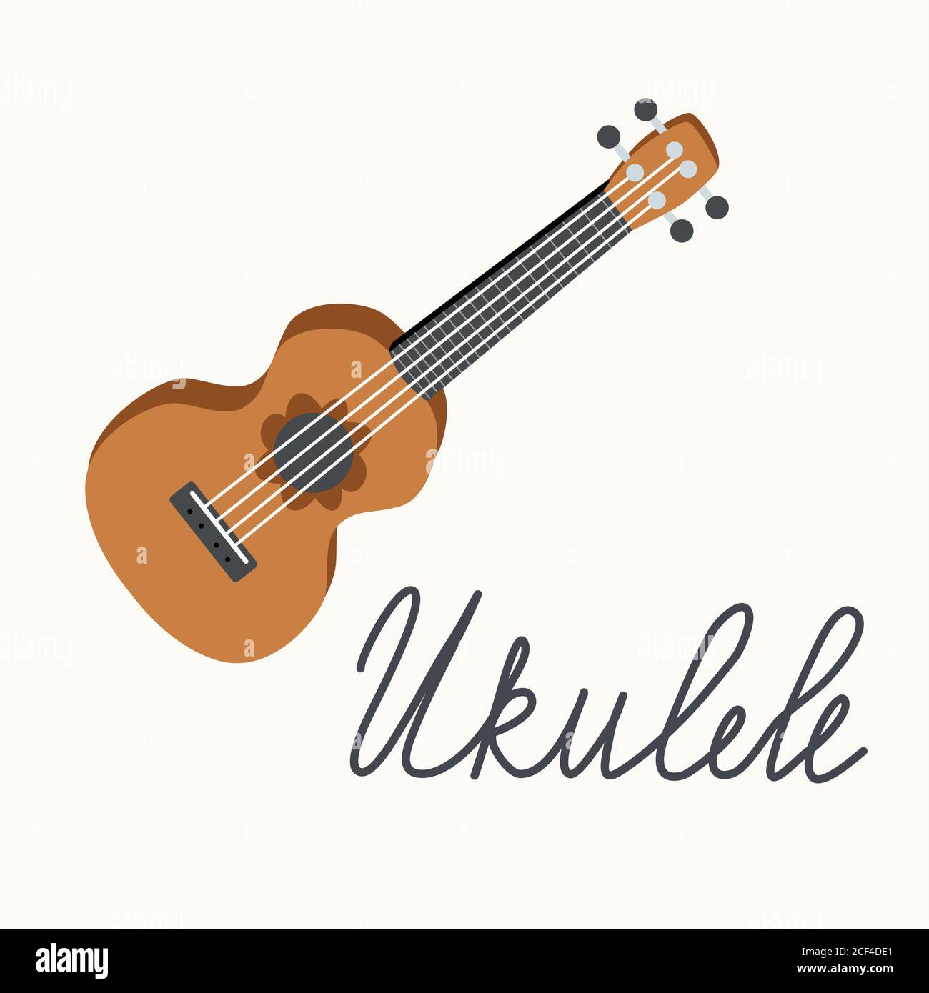 Fumetto ukulele con testo scritta per l'estate, musica poster modello di design. Illustrazione Vettoriale