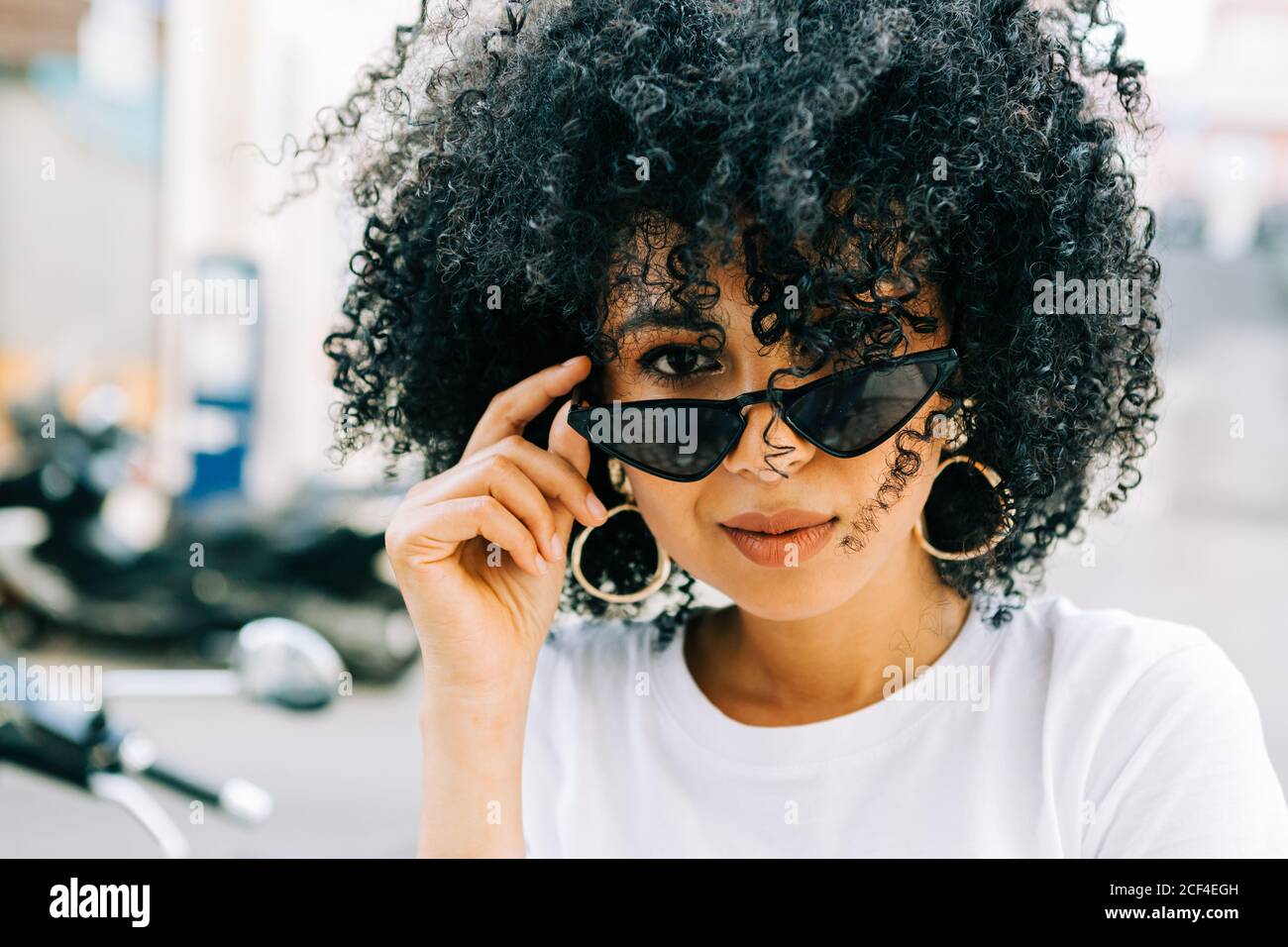 Bella donna etnica in t-shirt bianca e con capelli ricci neri guardando la macchina fotografica su occhiali neri Foto Stock