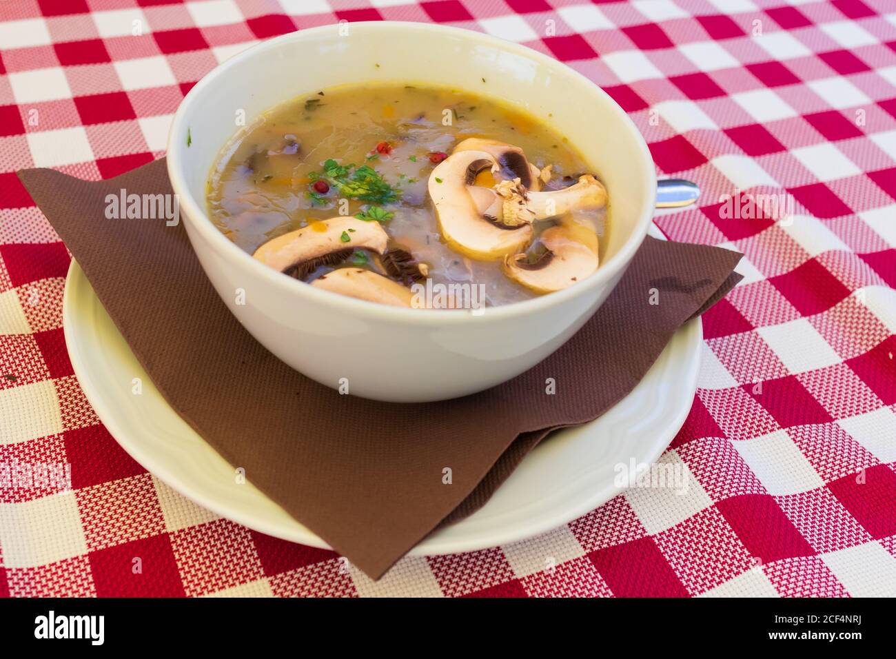 Minestra di crema di funghi in ciotola bianco Foto Stock