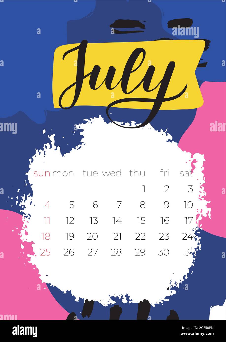 2021 Luglio Italian Calendar Abstract Vector Hand Draw Illustrazione Vettoriale