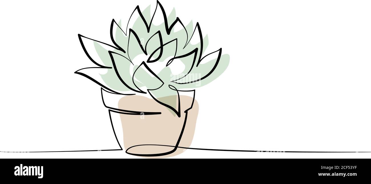 Casa pianta in pentola. Disegno continuo a una linea. Isolato colorato su sfondo bianco. Illustrazione vettoriale. Illustrazione Vettoriale