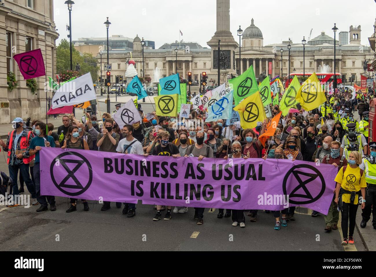 Londra - Settembre 2020: Le proteste della ribellione per l'estinzione nel centro di Londra che si battono sulle questioni relative al cambiamento climatico Foto Stock