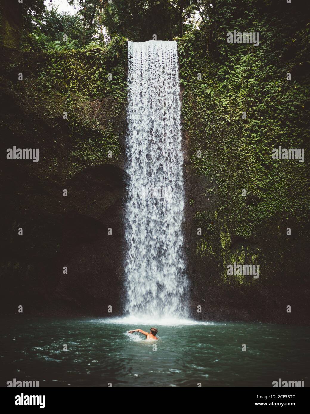Vista laterale dell'uomo che nuota nelle acque cristalline del lago con cascata sullo sfondo, Bali Foto Stock