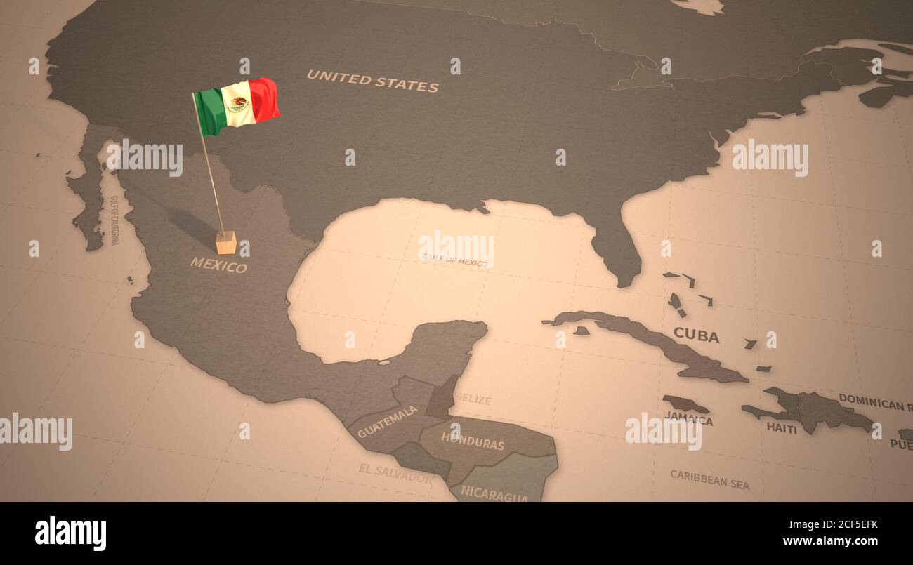 Bandiera sulla mappa del Messico. Mappa d'epoca e bandiera del rendering 3D della serie dei paesi nordamericani Foto Stock