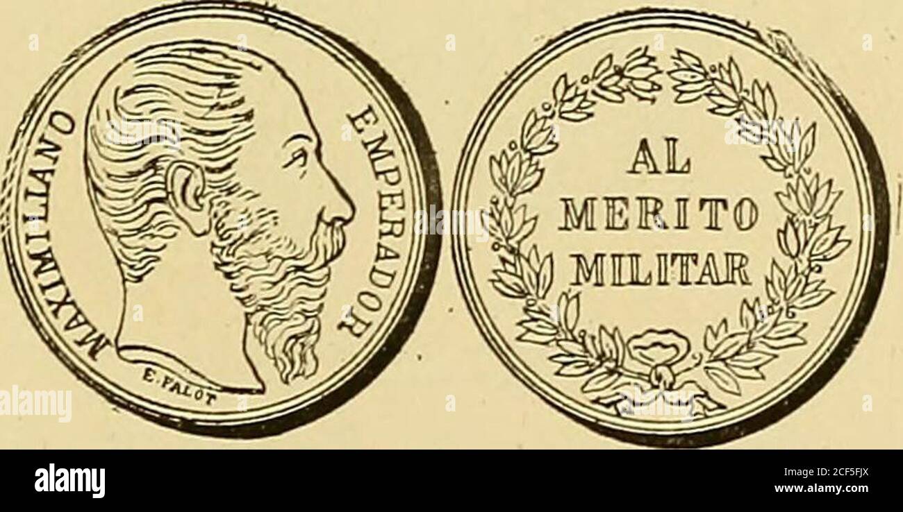 . Monastero americano (ilustrado) classificado. N 1307 - Anverso Leyenda Maximiliano y Carlota Empera-dores. En el campo: Cabeza de los imperadores, á laizquierda. Exergo: Navalon D 1865. OCAMPO G.reverso Leyenda non fecit Taliter Omni Nationi* en el campo: La virgen de Guadalupe, entre óvalo de nubes.Exergo: A. SPIRITU G. Plata: Peso 13 grammi. 3 decíg.. N 1308 – Anverso Leyenda Maximiliano Emperador. En elcampo: Cabeza del Emperador, á la derecha; debajo: E.Talot. Reverso en el campo: Al Mérito Militar, dentro decorona de alloro. Plata: Peso 13 gramos. 404 - Foto Stock