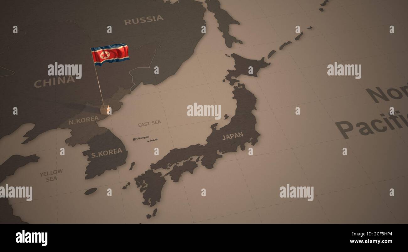 Bandiera sulla mappa della Corea del Nord. Mappa vintage e bandiera dei paesi asiatici Serie 3D rendering Foto Stock