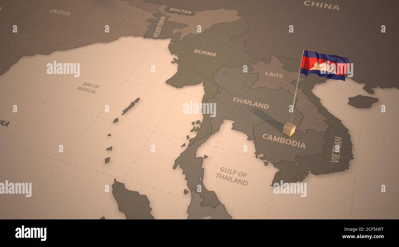 Bandiera sulla mappa della Cambogia. Mappa vintage e bandiera dei paesi asiatici Serie 3D rendering Foto Stock