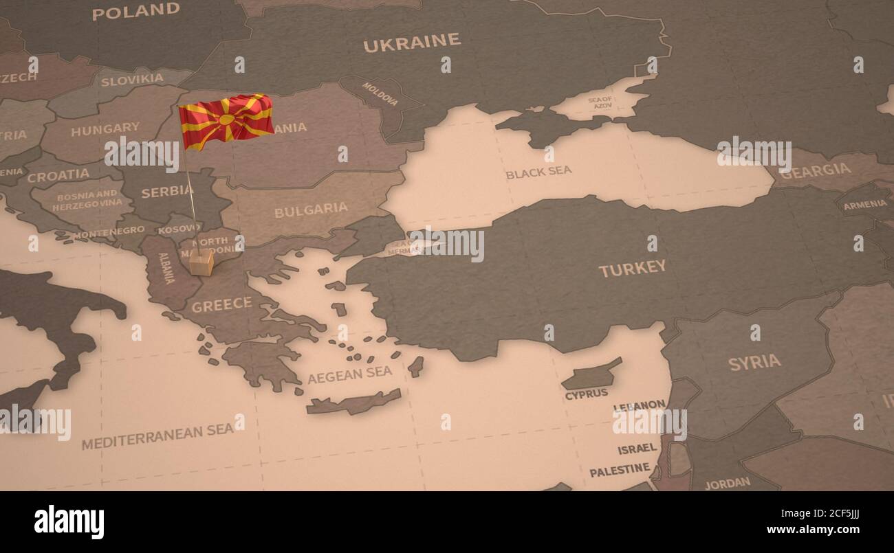Bandiera sulla mappa della Macedonia del Nord. Mappa vintage e bandiera dei paesi europei rendering 3D serie Foto Stock