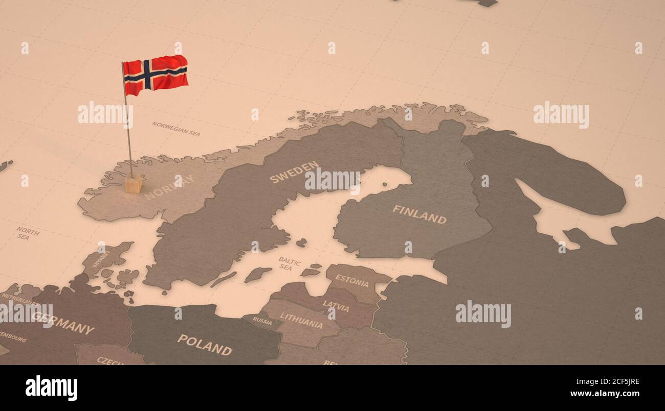 Bandiera sulla mappa della Norvegia. Mappa vintage e bandiera dei paesi europei rendering 3D serie Foto Stock