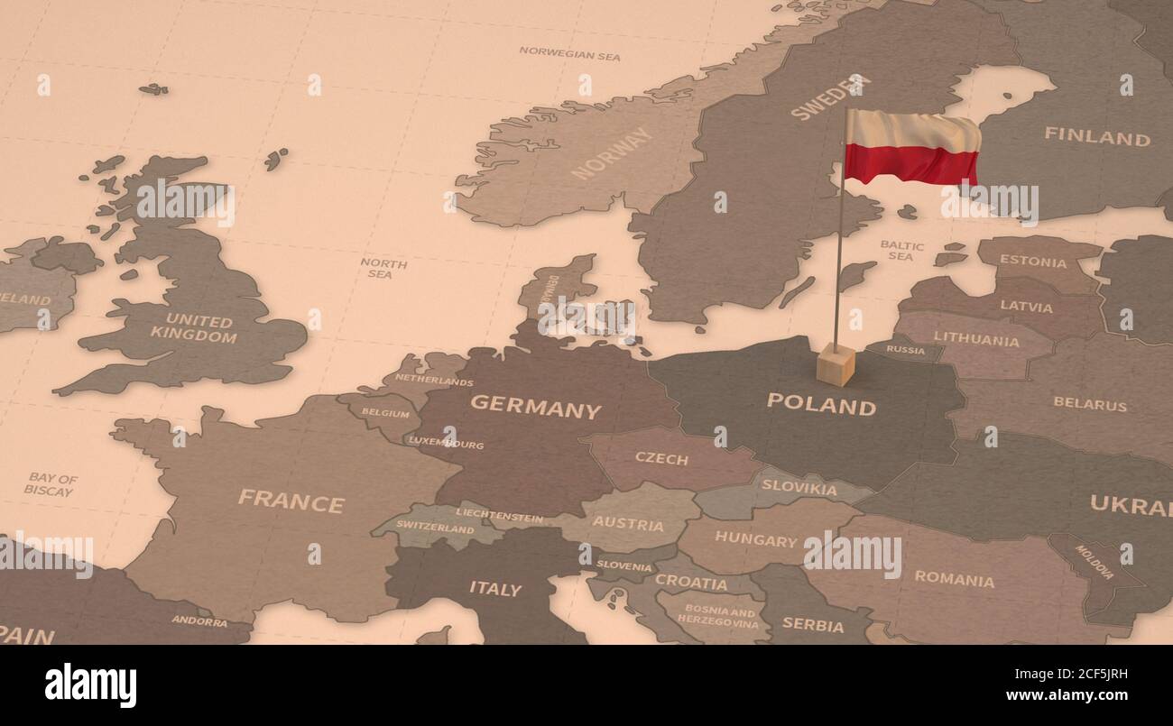 Bandiera sulla mappa della Polonia. Mappa vintage e bandiera dei paesi europei rendering 3D serie Foto Stock
