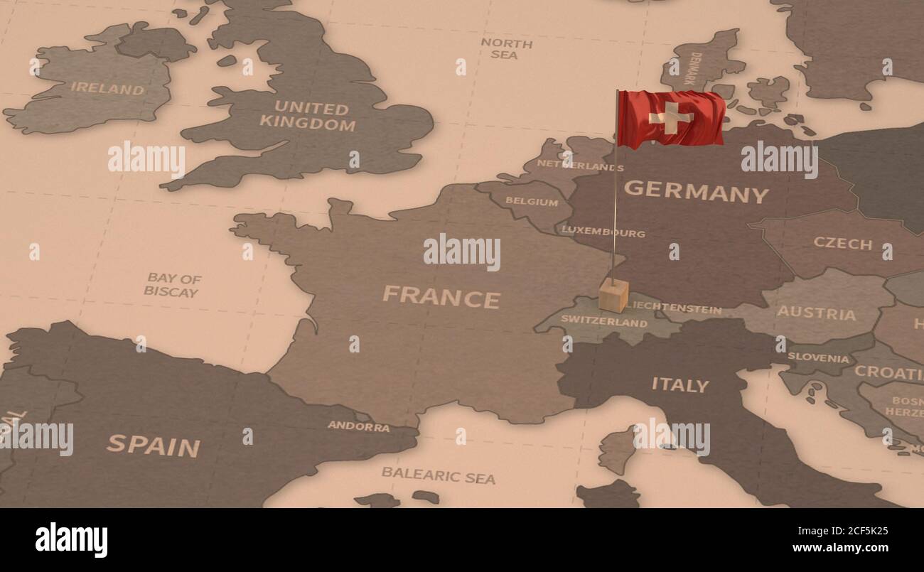 Bandiera sulla mappa della svizzera. Mappa vintage e bandiera dei paesi europei rendering 3D serie Foto Stock