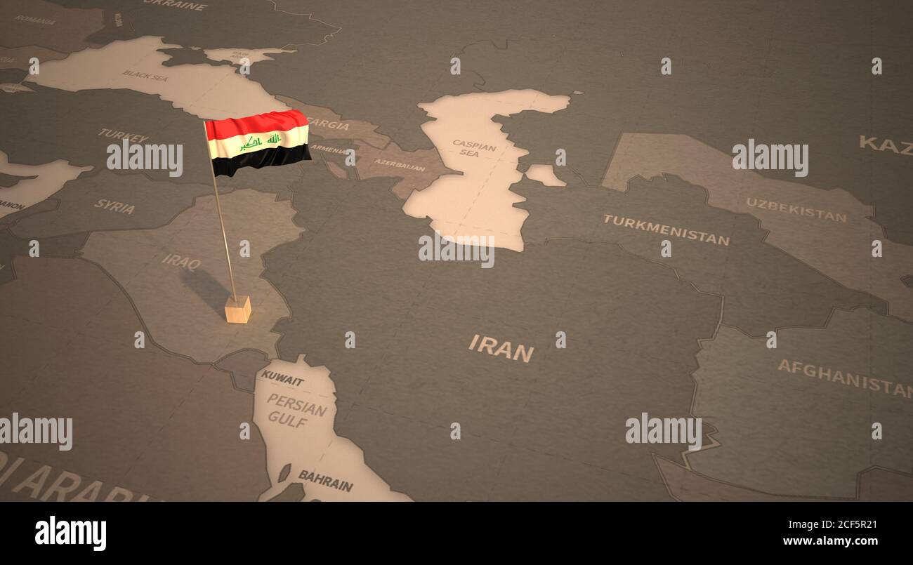 Bandiera sulla mappa dell'Iraq. Mappa vintage e bandiera dei paesi del Medio Oriente rendering 3D serie Foto Stock