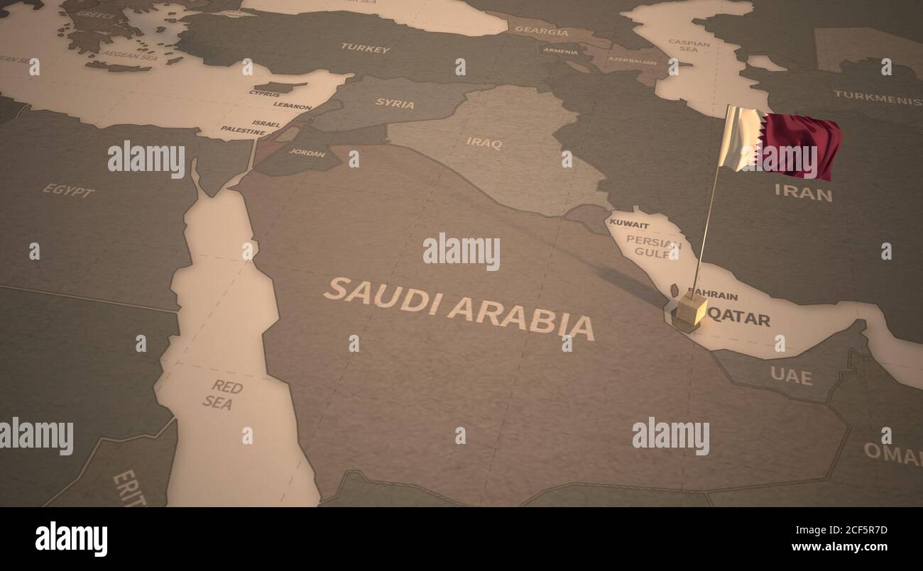 Bandiera sulla mappa del Qatar. Mappa vintage e bandiera dei paesi del Medio Oriente rendering 3D serie Foto Stock