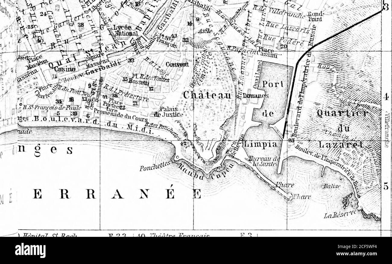 . Italia: Un manuale per i viaggiatori. Prima parte (Italia settentrionale). R? rmm^ £?//.» ? w** 30 , »jp«J| 3£ gag deKiiiuier ie &lt;W u i e y*fi - 3rt r/flsl abacs ^ e A FIW&W n *H n. C -a, to.- if :;t^^«. ? H.Sfnarras-ai-Pmilf •*§,.i igfcss - s^-  ,. 4^!b^°-tt . w j /tar. ).SdpitaJ StScch...Hospice de Char He d.LProvidence.Justice, de Four .Maison de Correction. Jliisee J/imicipaL. Taewrama, Frefeetar e ? Tliedtre Municipal e r.2.3 E.3F.3 p.* E.4H.4G.3.B.4 E.4 MS.Theatre Trcuiqais . E. 4L. Telegrafi D.4.F.4. G.3 42. Tourflellanda 1 43. Tribunal de. Commercio  . Tram F.F.3. H BELLA. 16. Percorso Foto Stock