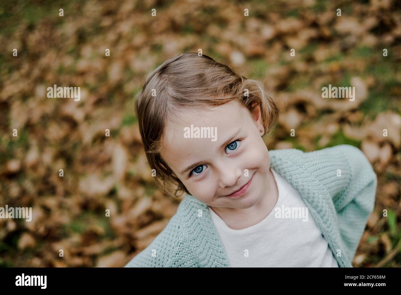 Bambino positivo che guarda la macchina fotografica sul campo con fogliame asciutto su sfondo sfocato Foto Stock