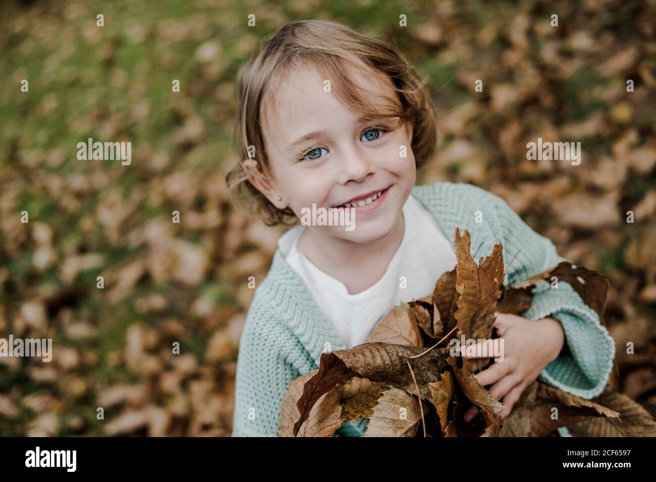 Bambino divertente guardando la macchina fotografica e tenendo un mucchio di asciutto fogliame sul terreno nel parco su sfondo sfocato Foto Stock