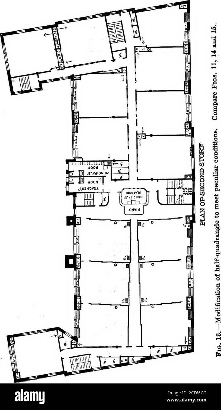 . L'illuminazione delle scuole; un manuale per consigli scolastici, architetti, sovrintendenti e insegnanti. 4 e 7. Metti la luce nelle sale utilizzate.-dopo aver sminuito il carattere generale dell'edificio, le sue dimensioni, il luogo esatto, il numero di piani, scale, ecc., I prob-lems di disposizione e la dimensione delle stanze sono a beconsidered con una vista alla migliore fornitura di luce.mettere la luce nelle stanze usate per la scuola-lavoro, è il mandato di esperienza e di buon senso, e non ha bisogno di elaborazione come principio. Comporta, come mai, diverse considerazioni non sempre considerate.per esempio, sale di assemblaggio Foto Stock