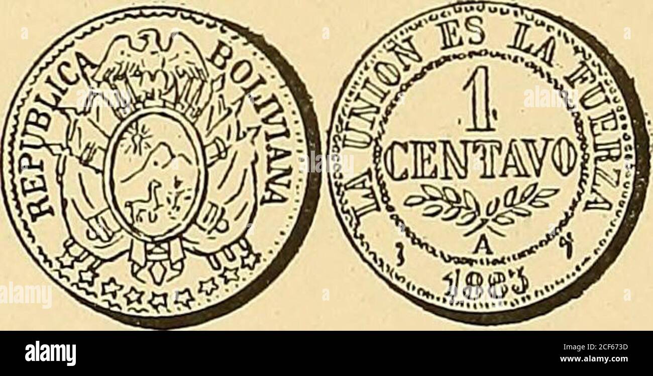 . Monastero americano (ilustrado) classificado. N 711 - Anverso. Como el número 698. Rewe-rso Leyenda la Union es la Fuerza •^« 1875»F • e • £n el campo: Cinco cent. 9 D. fino. En Coronade allel y roble. Plata: Peso i grammo. 2 decíg. N 712-Como el número anteriore. Año •1879»Plata: Peso i grammo. 2 decíg.. N» 712 – Anverso Leyenda República Boliviana. En el campo:Escudo de armas de Bolivia; debajo nueve estrellas. Reverso Leyenda la Union es la Fuerza. En el campo:1 centavo. Debajo un gajo de roble y otro de allurel cru-zados: A. Exergo: 1883. Cobre: Peso 4 grammi. 9 decíg. 209 - Foto Stock