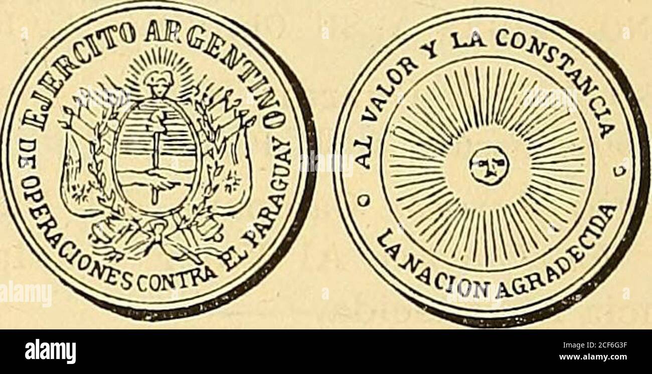 . Monastero americano (ilustrado) classificado. AS.VLTO DE CURUPAITY N 232 - Anverso Leyenda Honor al Valor y Disciplina * Re-publicica Argentina • en el campo: Escudo de la Nación.reverso. No tiene. Oro: Peso 21 gramos. 76 - N 233 - Como el número 232. Plata: Peso 18 gramos. N 234-Como el número 232. Cobre: Peso 16 grammi. 3 decíg.. POR LA GUERRA DEL PARAGUAY N 235 - Anverso Leyenda Ejército Argentino de Operacionescontra el Paraguay. En el campo: Escudo de armas dela Nación. Reverso Leyenda al Valor y la Constancia laNación Agradecida. En el campo: Sol radiante. Oro: Peso 14 grammi. 3 decíg. N 236 - Como e Foto Stock