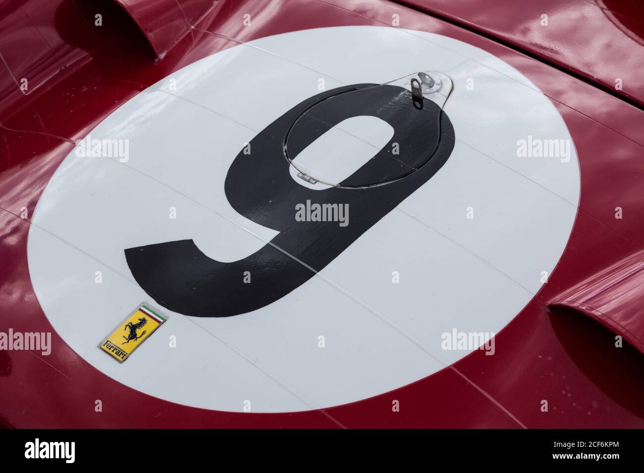 Il distintivo Ferrari e il numero di vettura su una ex fabbrica di corse 1959 Ferrari testa Rossa 59/60, o TR 250. Foto Stock