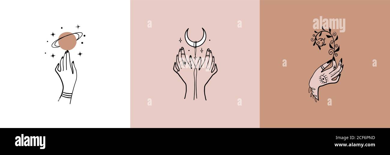 Set di loghi di mani femminili, disegno lineare. Modelli di disegno vettoriale con diversi gesti della mano, luna, luna crescente, stelle, pianeta, pianta. Per cosmetici, bellezza, tatuaggio, astrologia, manicure, gioielleria Illustrazione Vettoriale