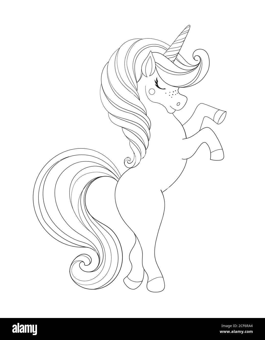 Unicorno, cavallo magico, disegno lineare a mano. Libro da colorare per bambini per attività educative in asilo, inviti, compleanno, vacanze. Illustrazione vettoriale isolata su sfondo bianco Illustrazione Vettoriale