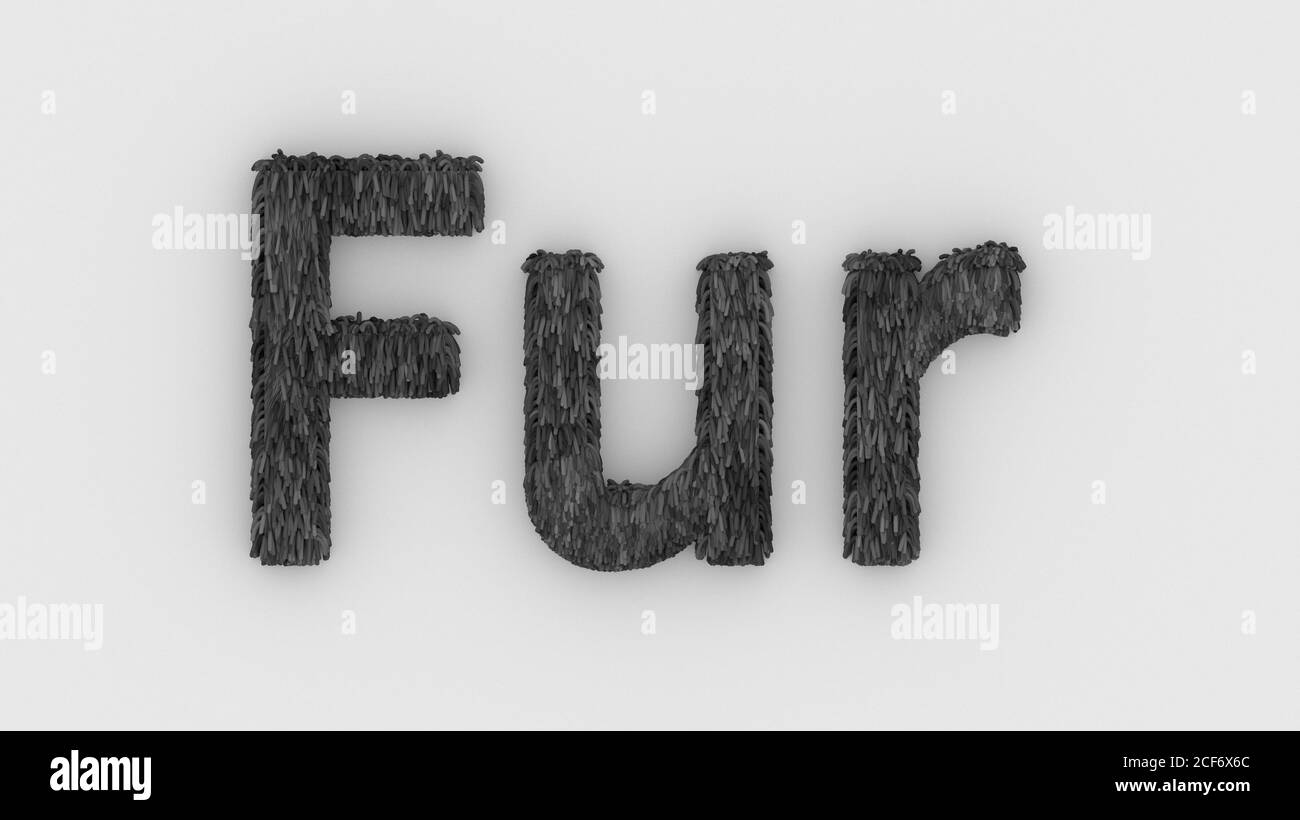 Pelliccia - parola grigia 3d isolato su sfondo bianco, rappresentazione realistica di lettere furry illustrazione. Combinazione naturale pelliccia. Pelliccia pelt. Animale pelliccia. Cane, c Foto Stock