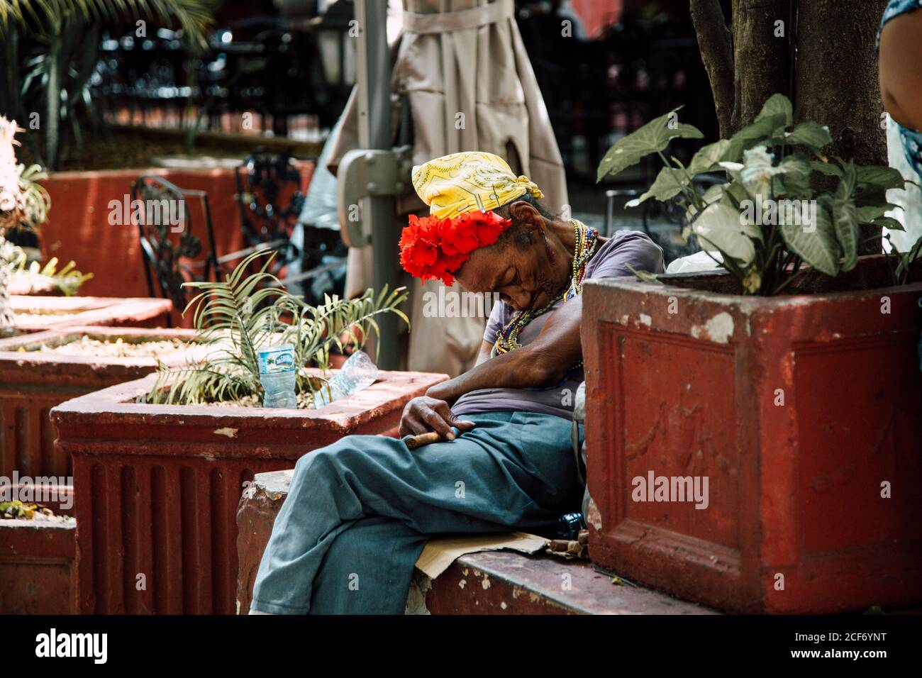 L'Avana, Cuba - 14 DICEMBRE 2019: Vista laterale della povera donna anziana con fiori sulla testa e sigaro in mano seduto sulla panchina accanto al caffè di strada e dormendo Foto Stock